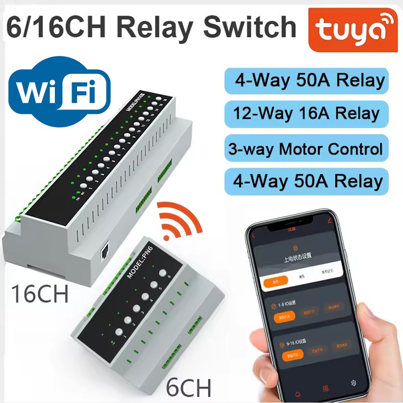 Koop Tuya Smart WiFi Relaismodule – 6 of 16 kanalen op DIN-rail