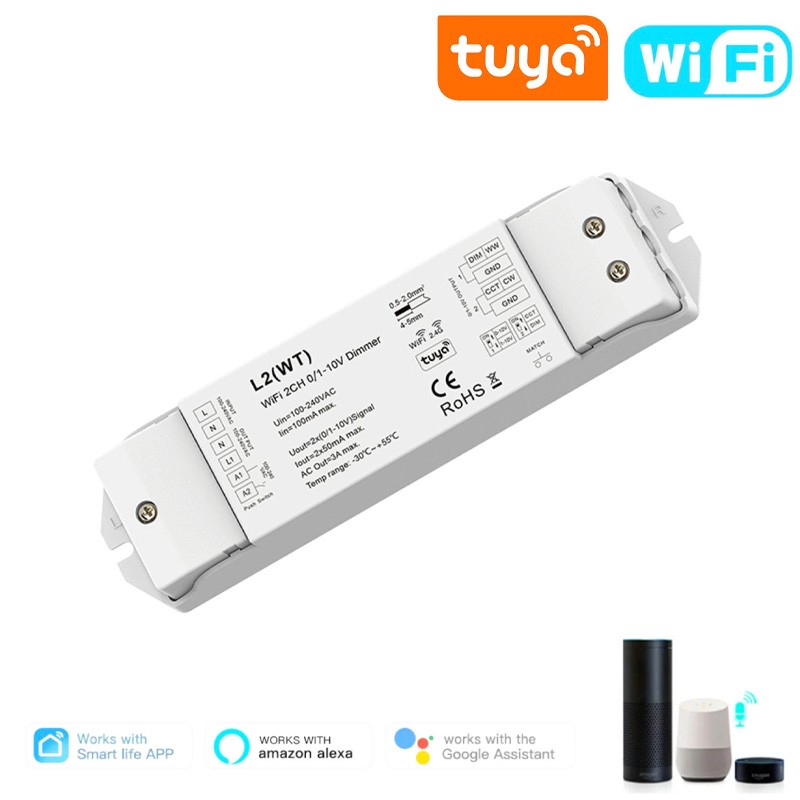 Tuya Smart WiFi 2-Channel 0/1–10V LED Strip Controller Dimmer and CCT with RF Control and Push Button