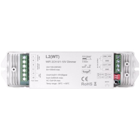 Tuya Controlador para Tiras LED Dimmer y CCT Smart WiFi a 2 Canales 0/1–10V con Control RF y Botón de Presión