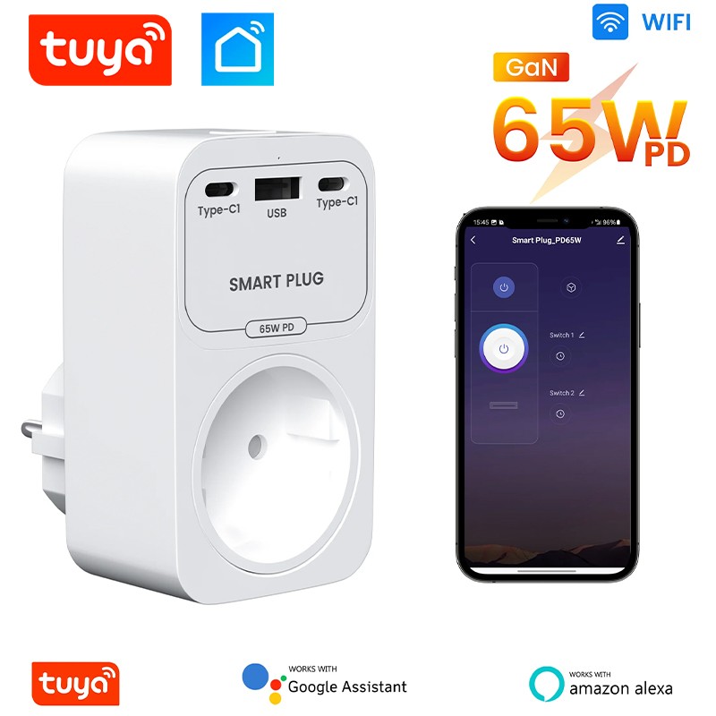 Tuya 16A WiFi Smart Socket met 65W GaN snellader, USB- en Type-C-poorten