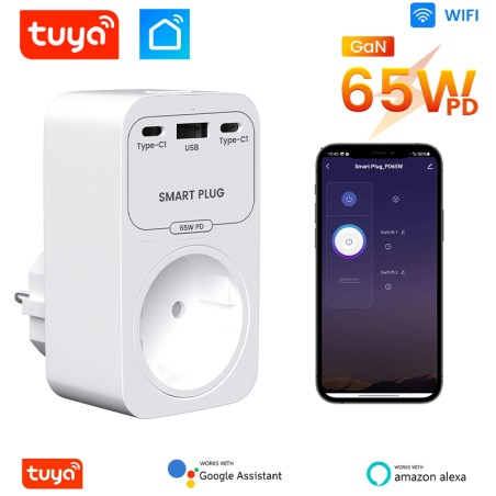 Smart WiFi-Steckdose 16A Tuya mit Schnellladegerät GaN 65W USB/Typ-C