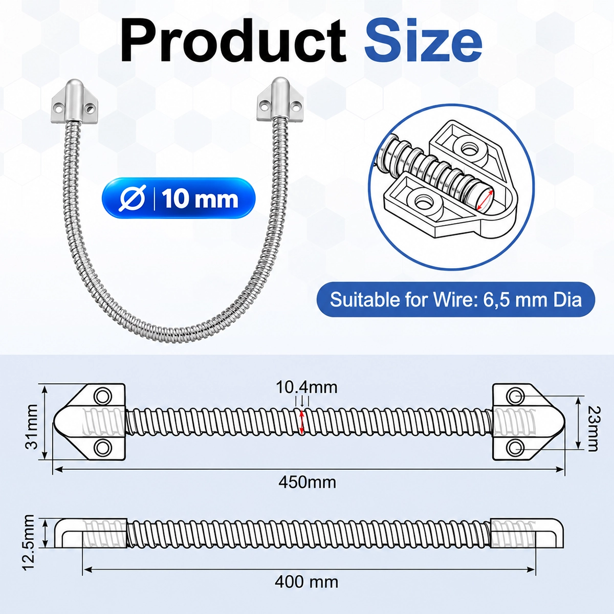 Misure del passacavo per porte da 10 mm: tubo da 400 mm, lunghezza 450 mm, teste 31 x 23 mm, cavi fino a 6,5 mm