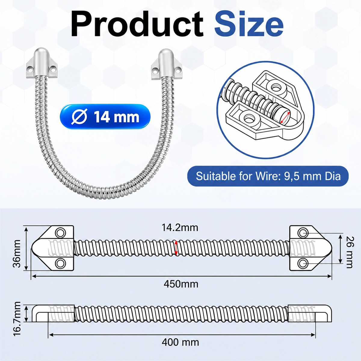 Misure del passacavo per porte da 14 mm: tubo da 400 mm, lunghezza 450 mm, teste 36 x 26 mm, cavi fino a 9,5 mm