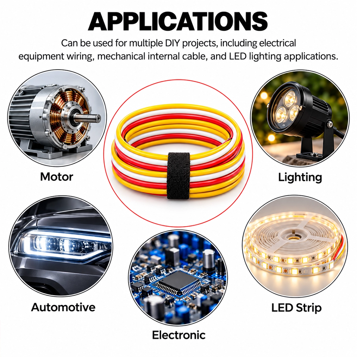 Usi del cavo piatto a tre fili: strisce LED, illuminazione, motori, auto ed elettronica, con la matassa al centro