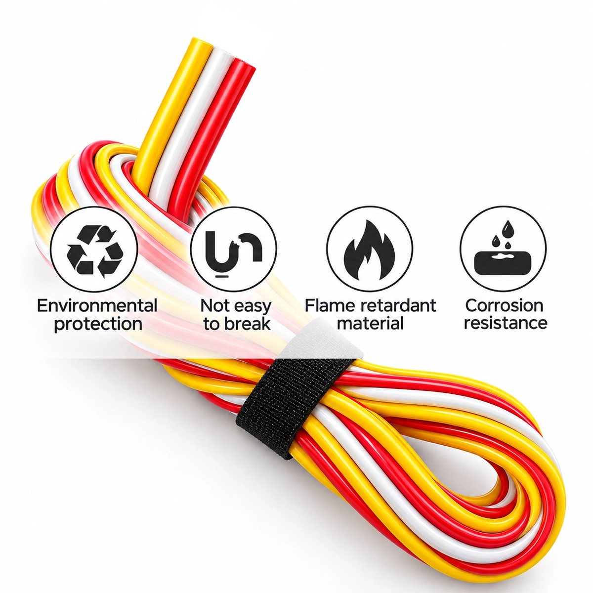 Matassa di cavo CCT a 3 pin con fili rosso, bianco e giallo e icone su resistenza, fiamma e corrosione