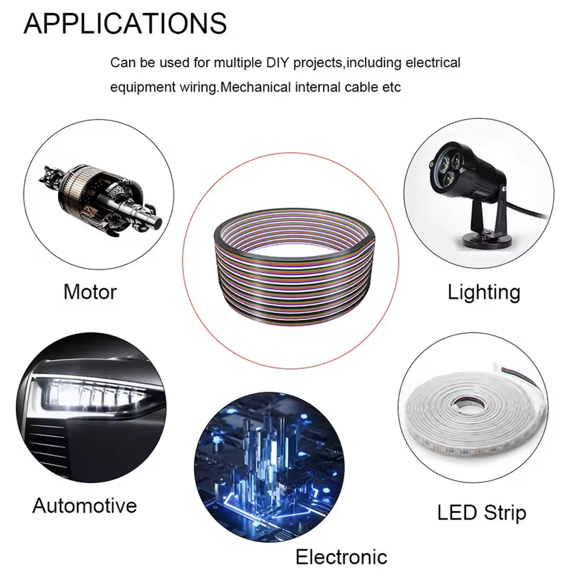 Usi del cavo a cinque fili: strisce LED, illuminazione, motori, auto ed elettronica, con la matassa al centro