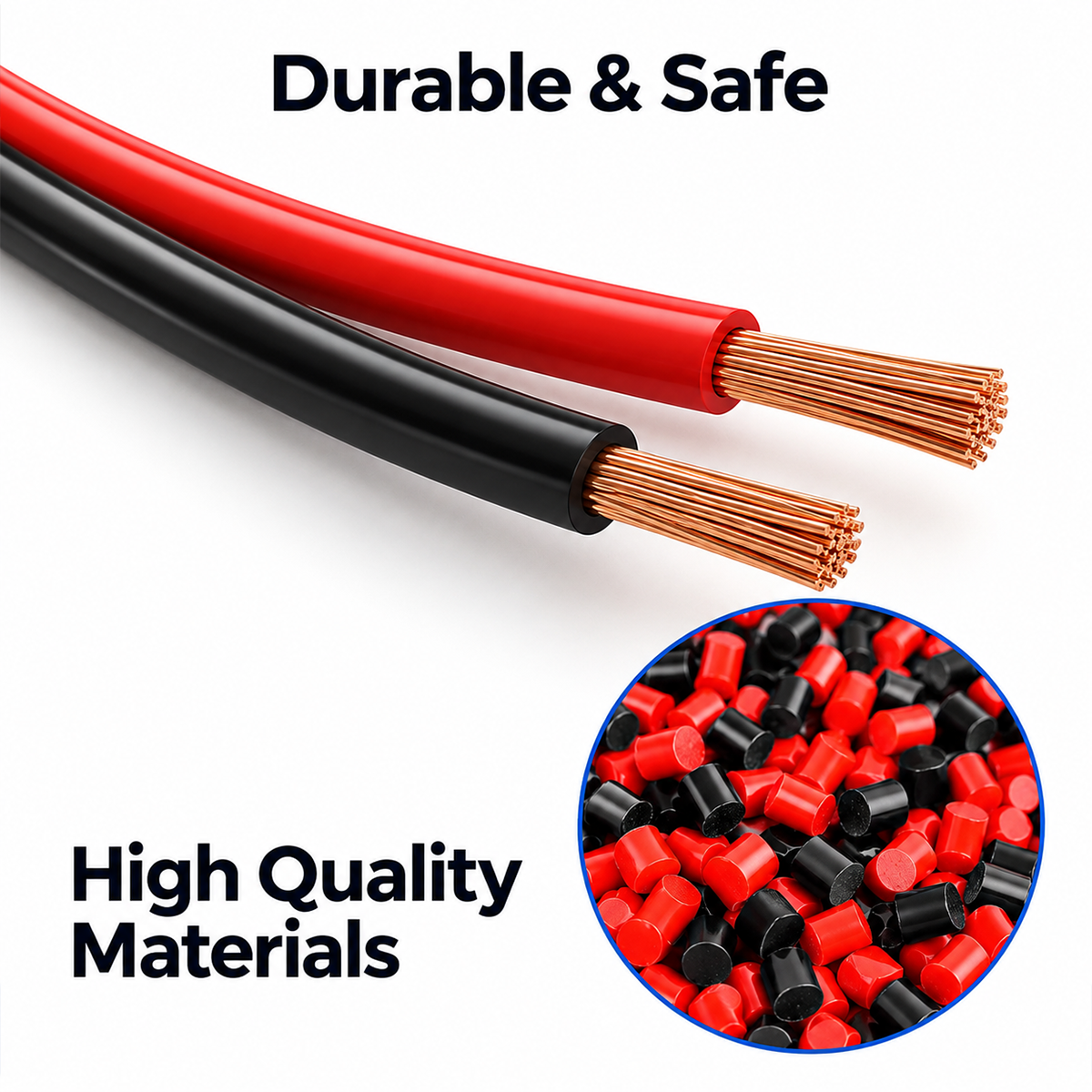 Câble à deux conducteurs composé de fils rouges et noirs, à brins de cuivre dénudés et à granulés d'isolation en PVC.