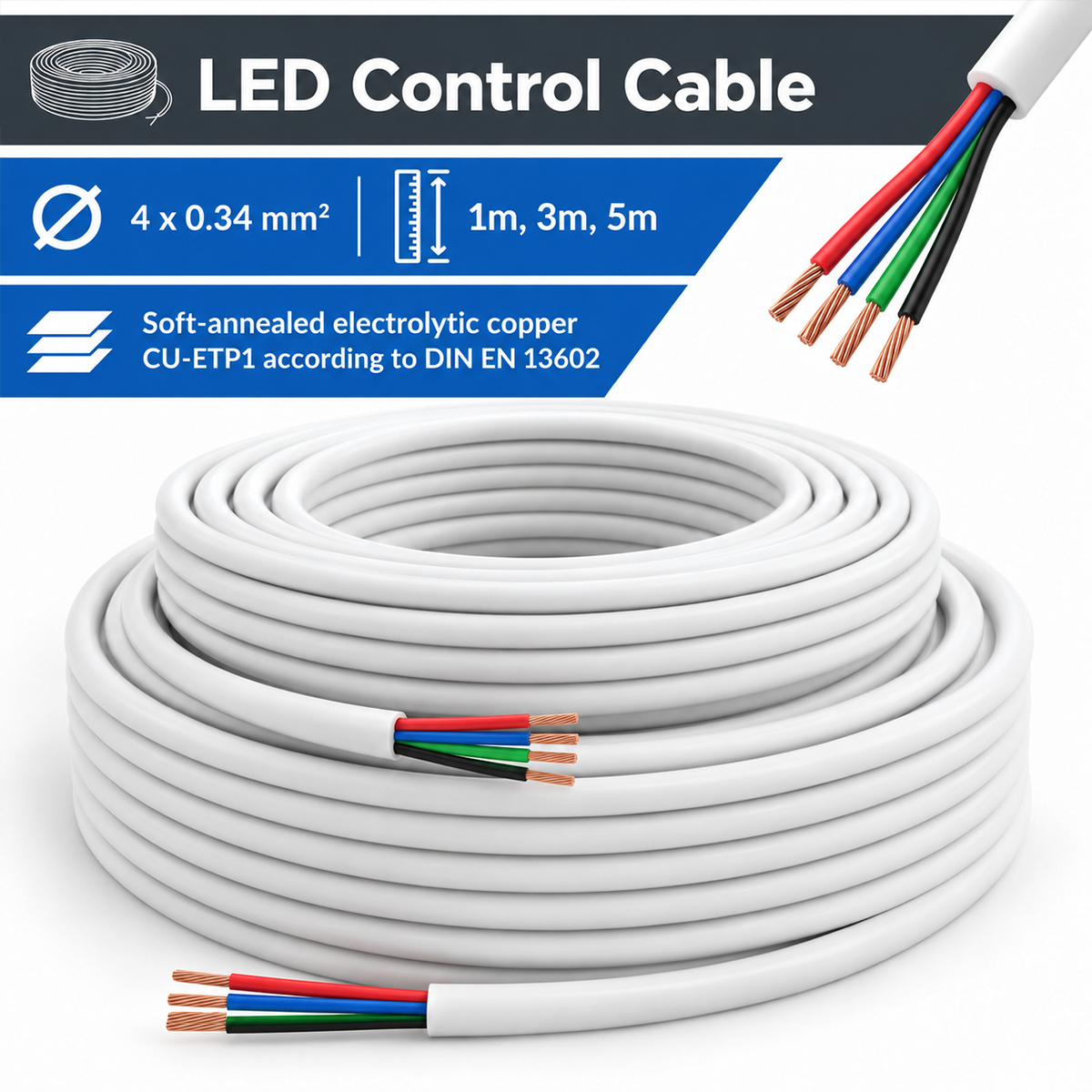 White sheathed cable skeins for RGB LED strips, with red, blue, green and black wires of 0.34 mm² and 1, 3 or 5 metres