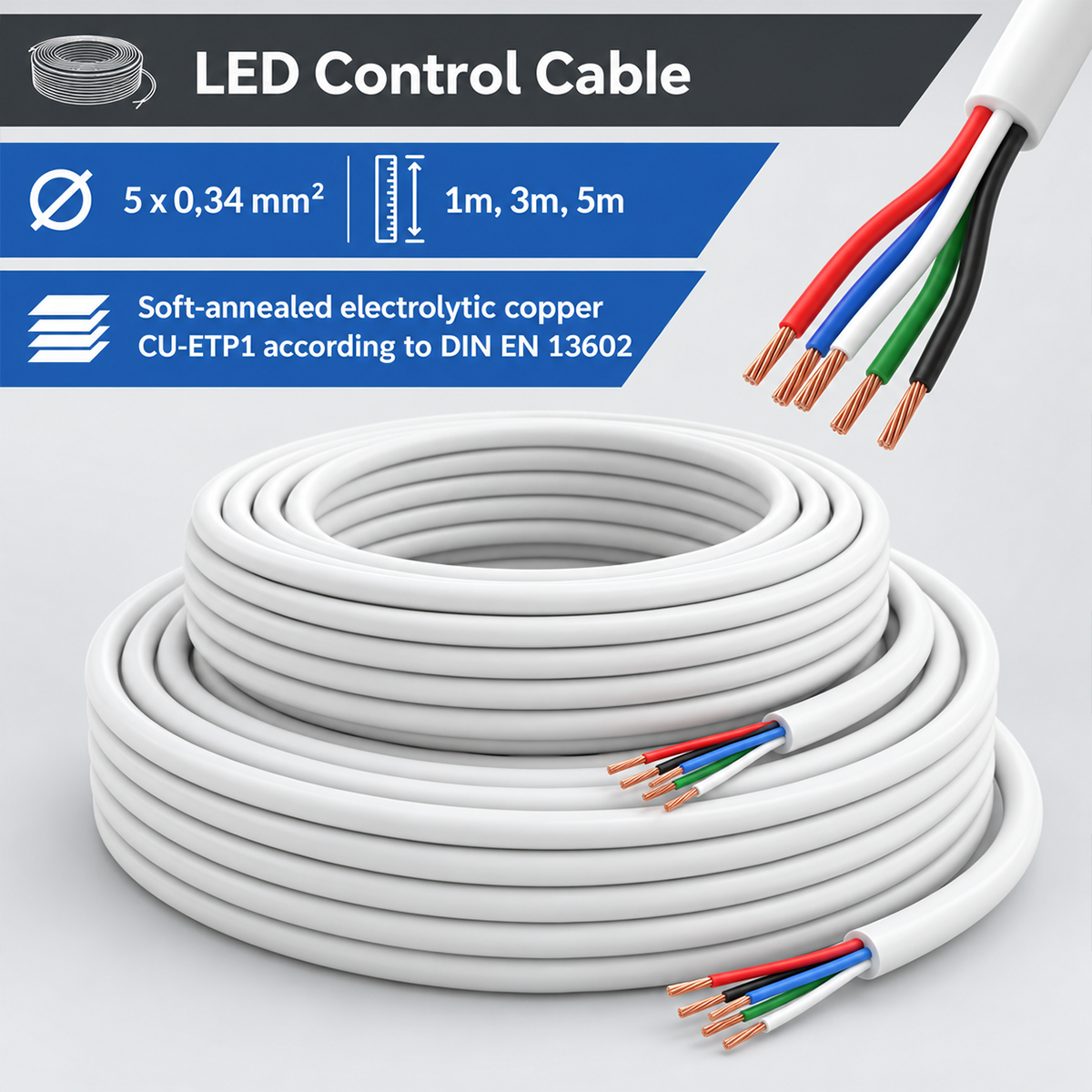 White sheathed cable skeins for RGBW LED strips, with 0.34 mm² red, blue, white, green and black wires