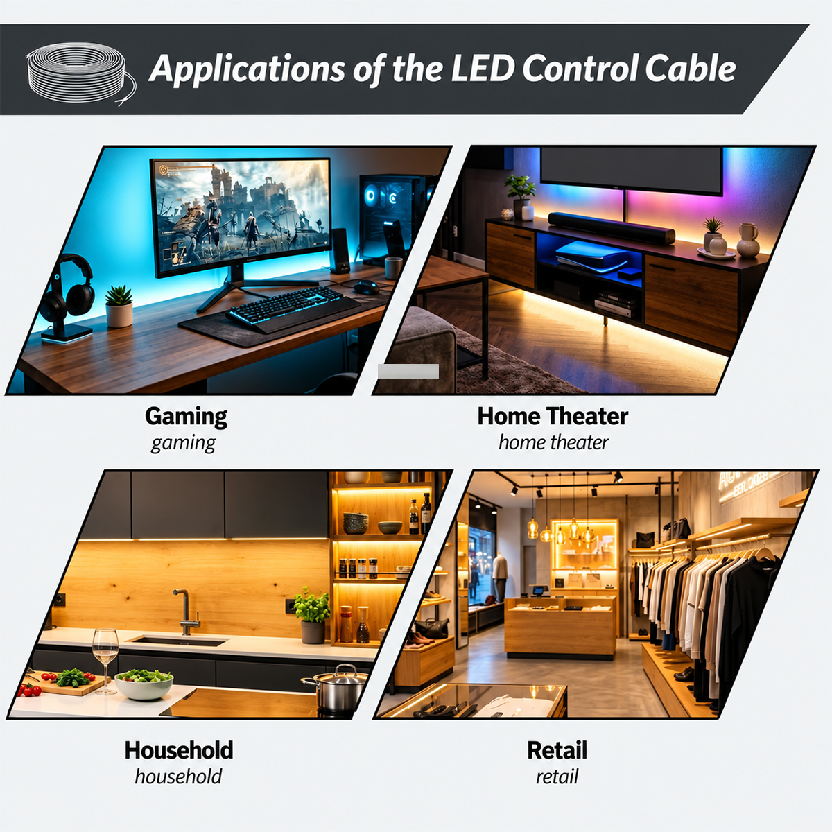 LED strips connected with sheathed cable in a gaming station, a TV cabinet, a kitchen and a shop