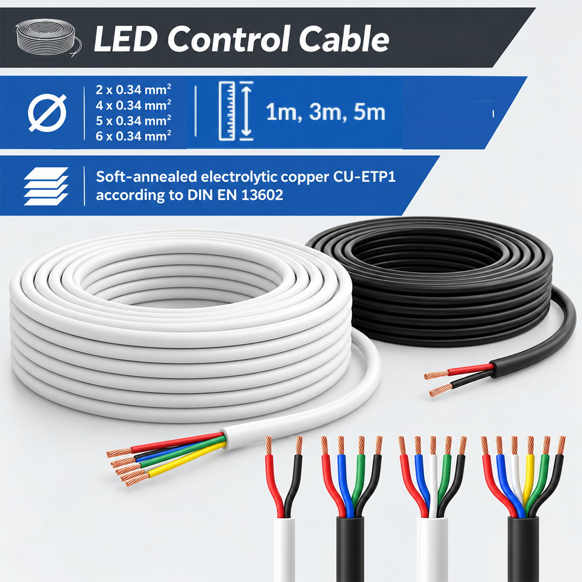 CU-ETP1 Electrolytic Copper LED Strip Cable with Black and White Sheath, 1, 3 or 5 meters