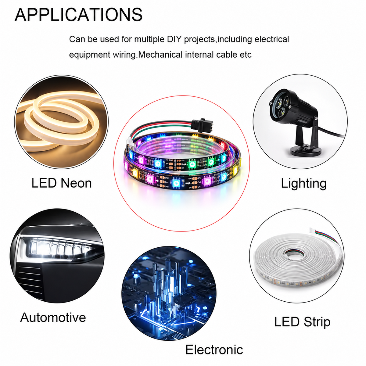 Dreiadriges Kabel für: LED-Neonröhren, Beleuchtung, Automobilindustrie, Elektronik und LED-Streifen, mit einem RGB-Streifen in der Mitte