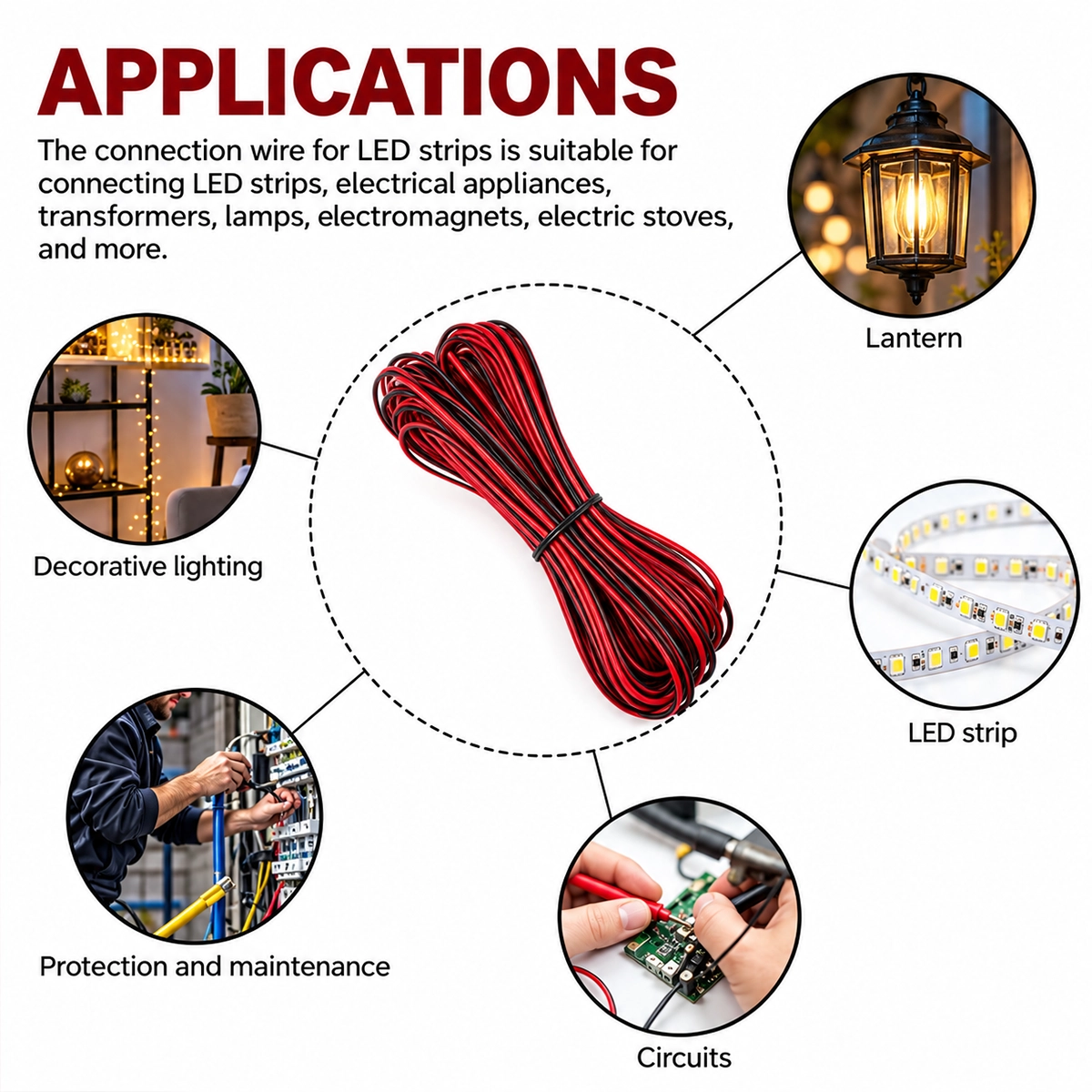 Anwendungsbereiche für Zweidrahtkabel: LED-Streifen, Dekorationslampen, Wartungsarbeiten und kleine elektronische Schaltungen