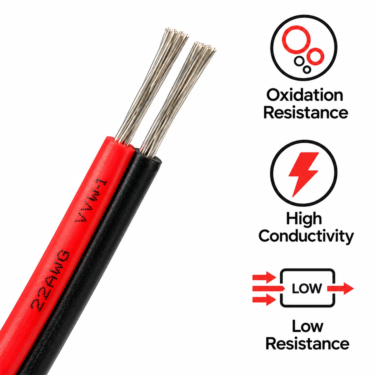 Abisolierte Enden von rotem und schwarzem 22-AWG-Draht mit Symbolen für Oxidation, Leitfähigkeit und niedrigen Widerstand