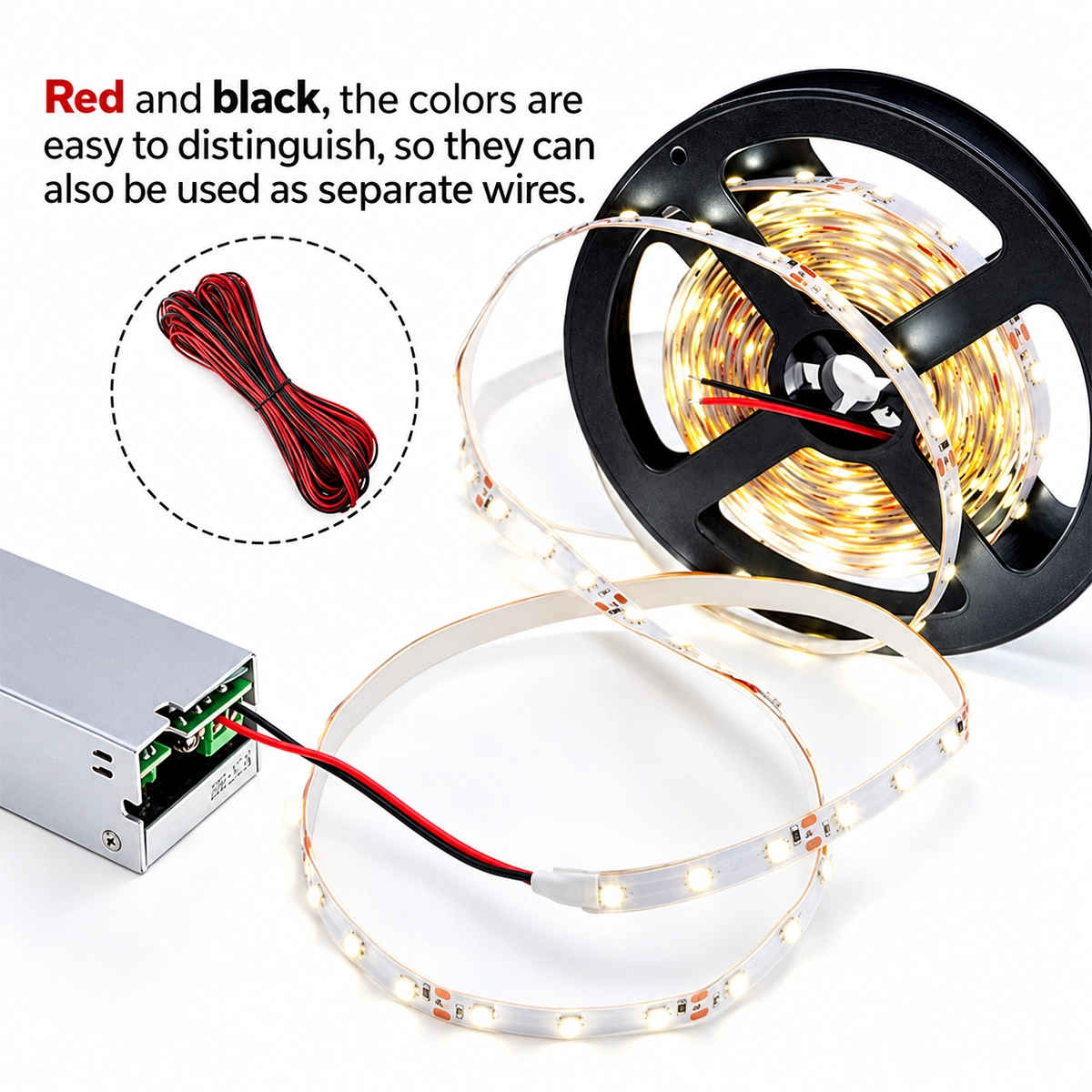 Ein rotes und ein schwarzes Kabel verbinden einen einfarbigen LED-Streifen mit dem Netzteil; die beiden Drähte sind trennbar.
