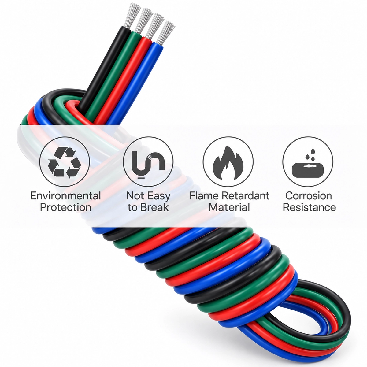 Matassa di cavo RGB a 4 pin con fili nero, verde, rosso e blu e icone su fiamma, rottura e corrosione