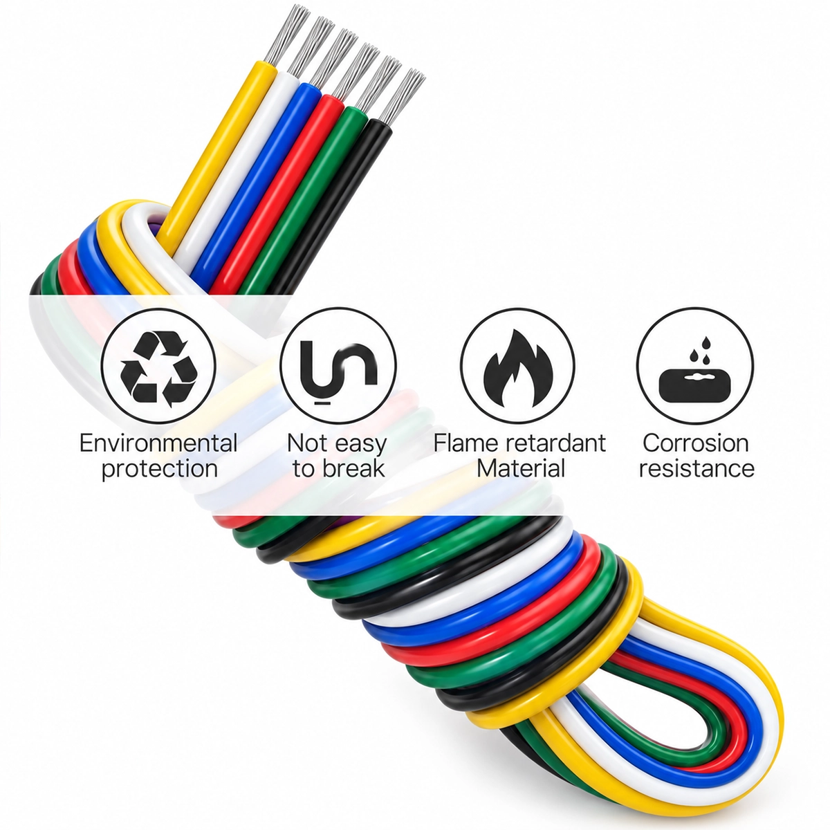 Matassa di cavo RGB+CCT a 6 pin con fili giallo, bianco, blu, rosso, verde e nero e icone su fiamma e corrosione