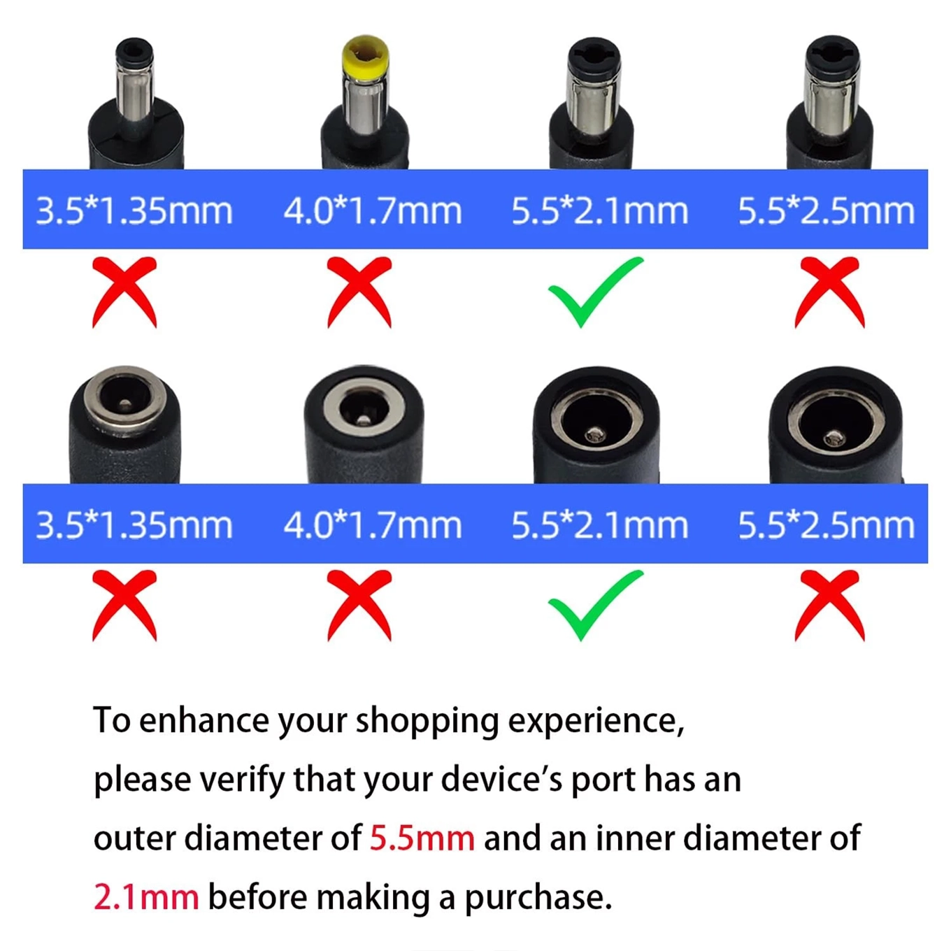 DC Jack Size Comparison: Only 5.5 x 2.1mm fits the splitter cable