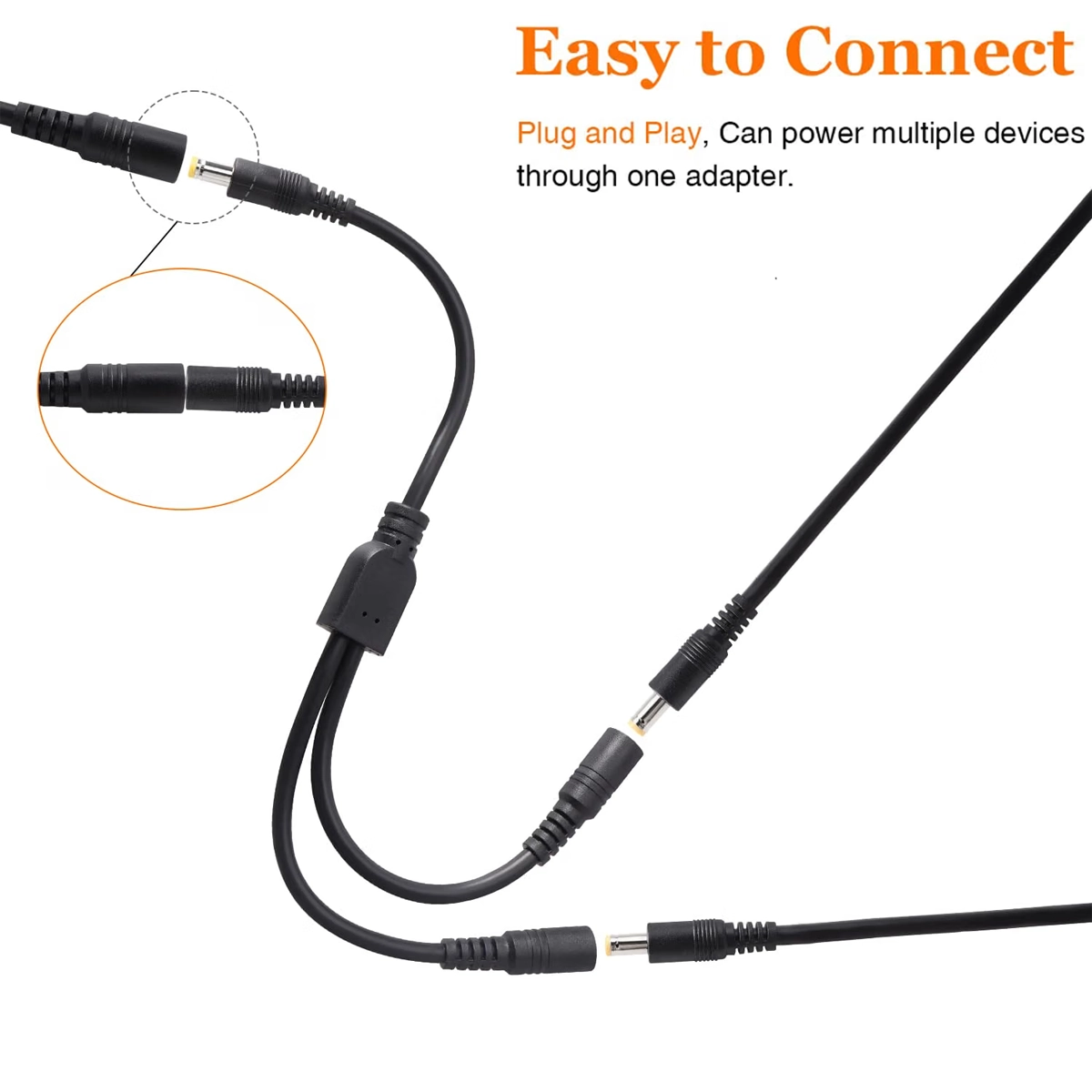 DC Y-splitter cable connected to power supply and two devices: plug and play