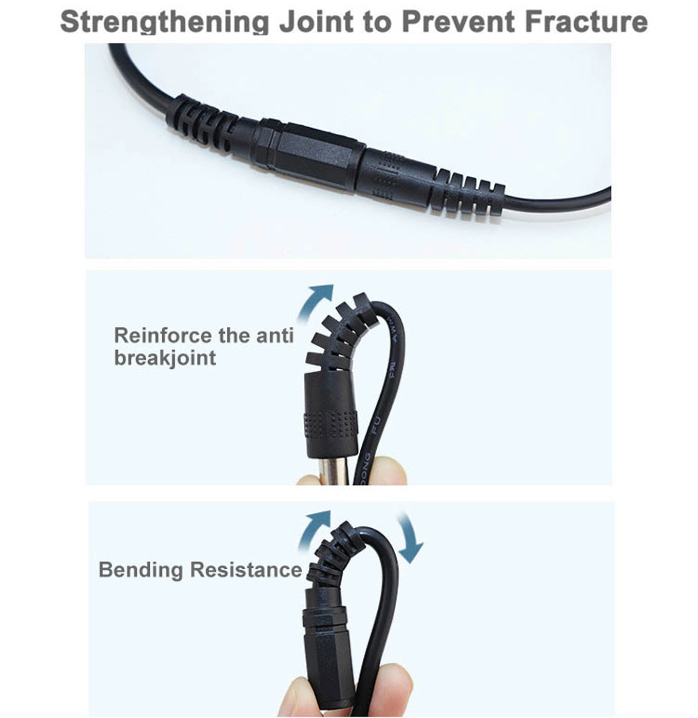 Reinforced collar on the DC splitter cable pins that resists repeated bending