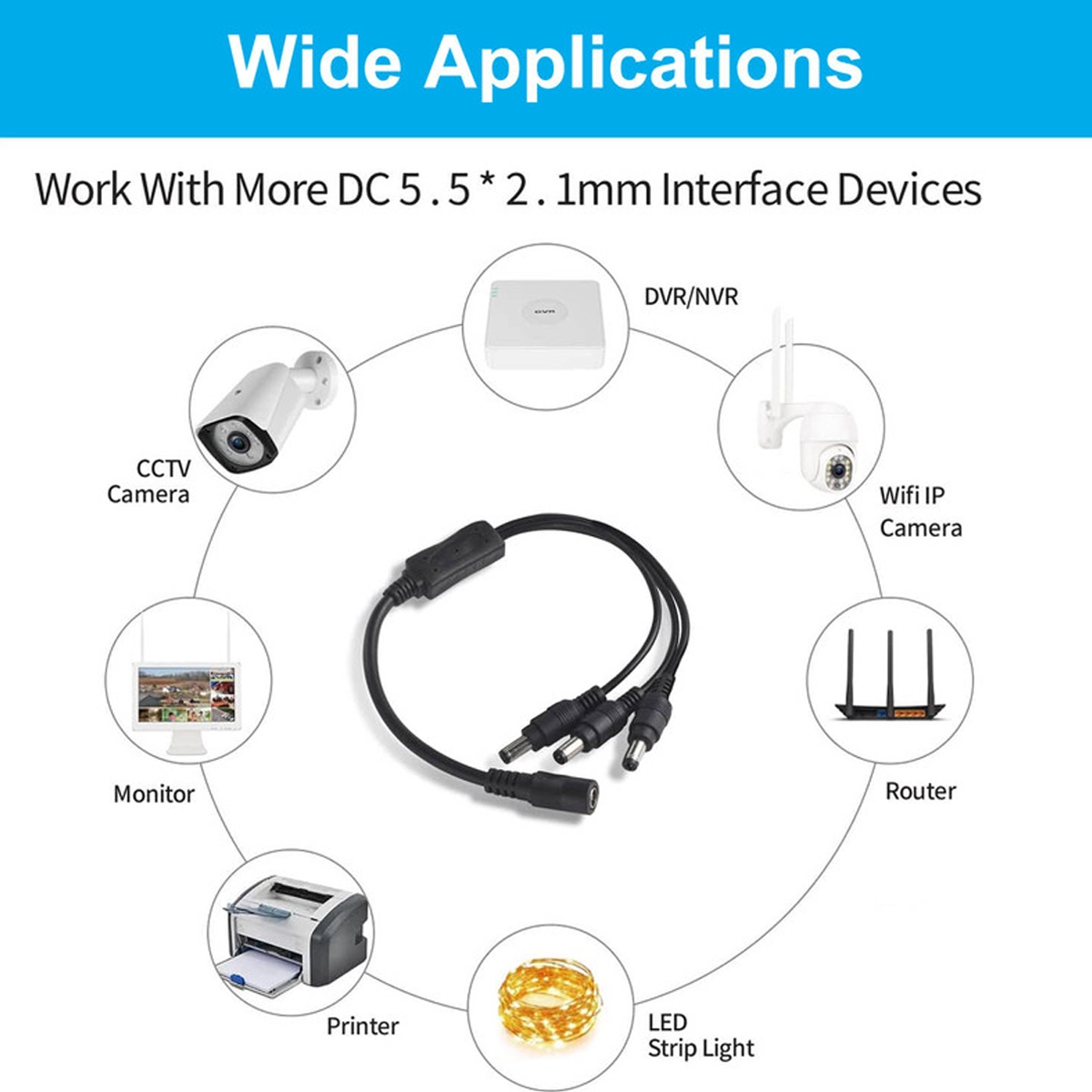 Devices that can be powered with the DC 5.5 x 2.1mm splitter cable: camera, DVR, router, monitor, printer and LED strip