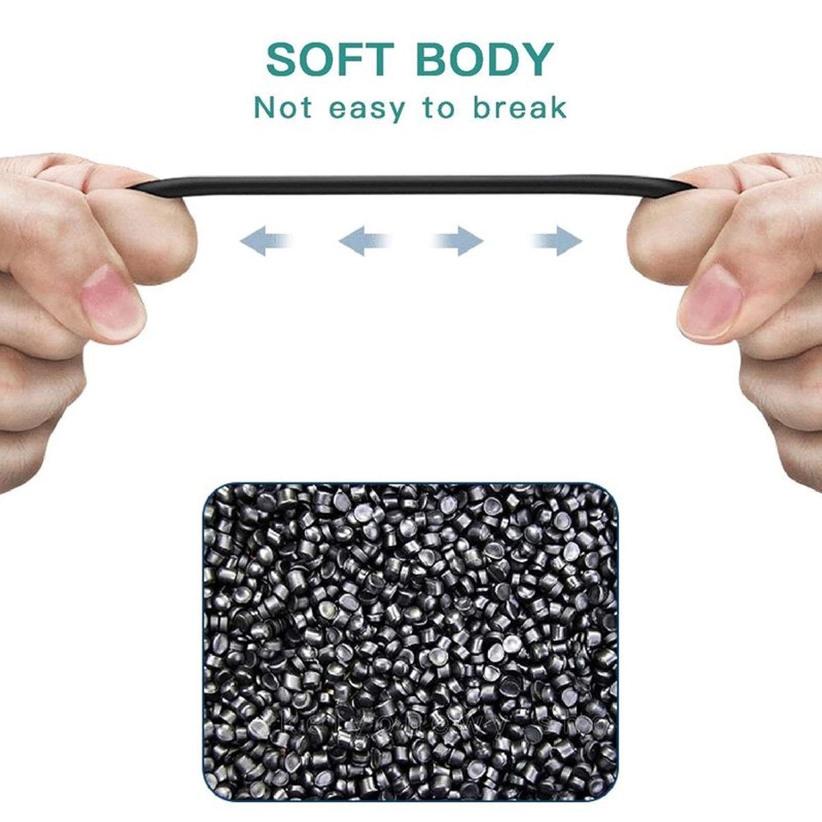 DC splitter cable folded between two hands to reveal the soft sheath and PVC granules