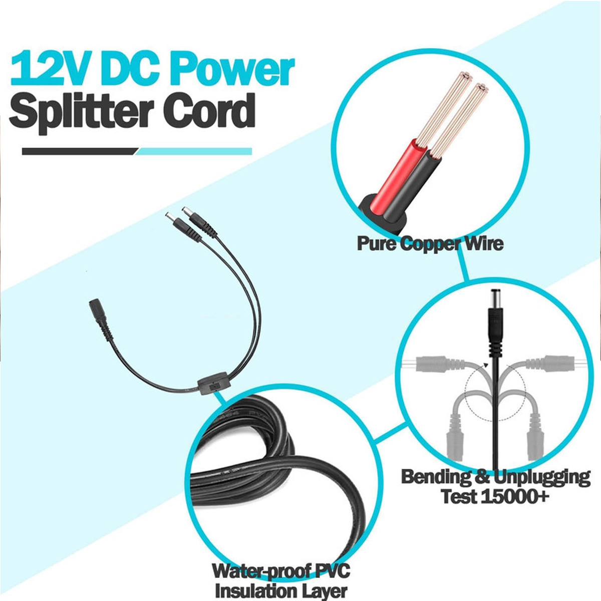 Infographic of 12V DC Splitter Cable with Pure Copper, PVC Insulation, and 15,000 Bend Test