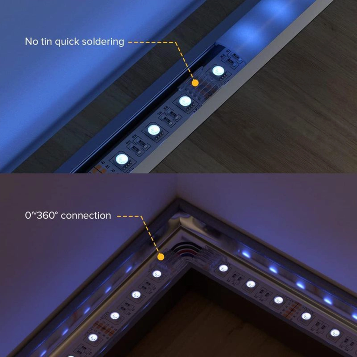 LED strips in a profile connected without soldering using the connector, even at the corner