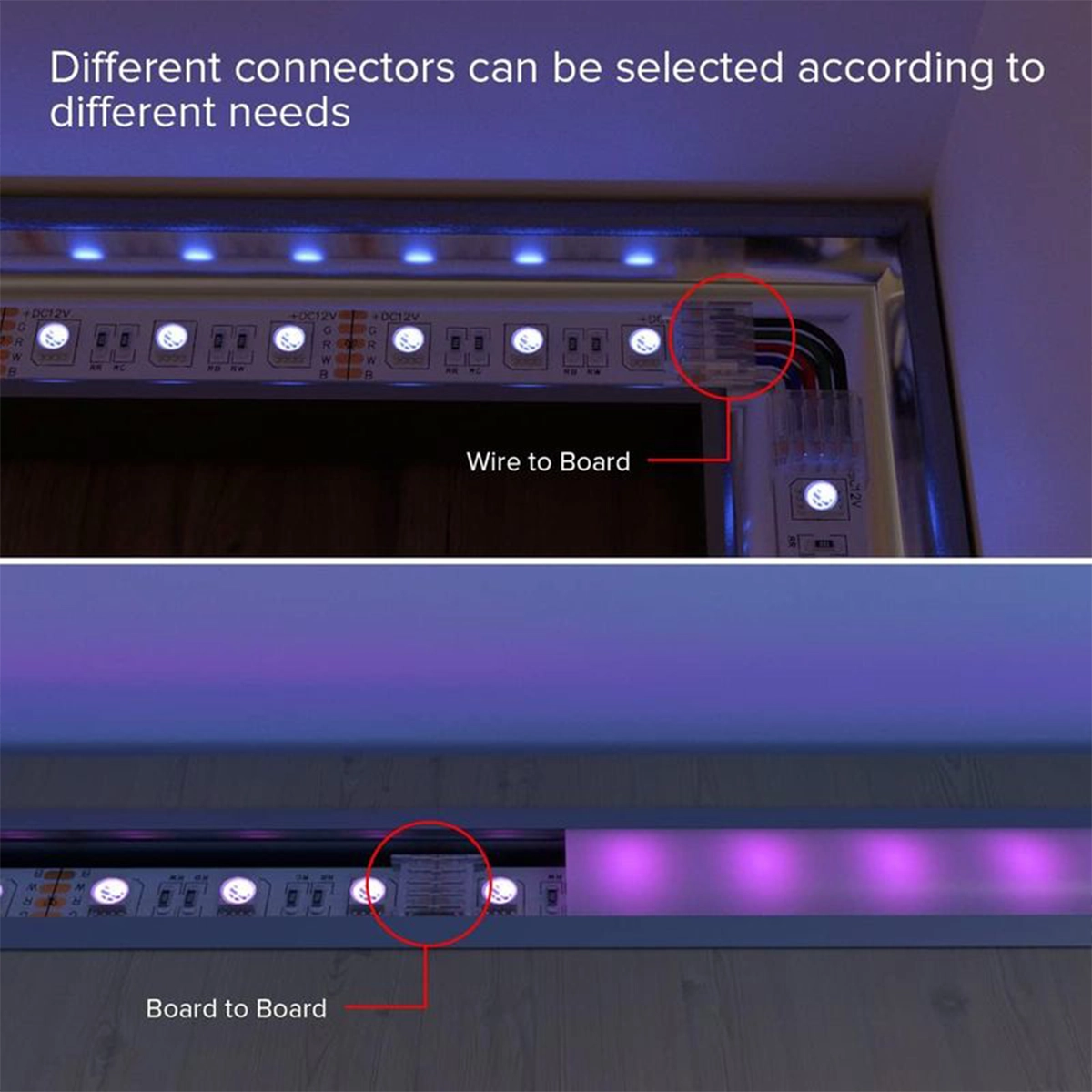 Strip-to-wire and strip-to-strip connectors mounted on LED strips in a profile under a cabinet