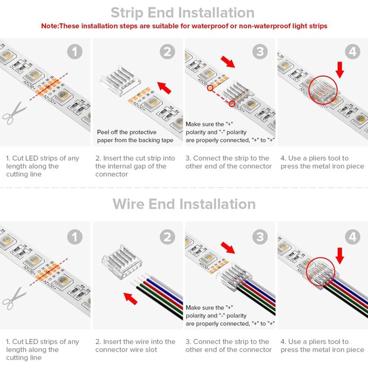 Connector assembly: strip cutting, insertion, polarity check, and crimping with the pliers