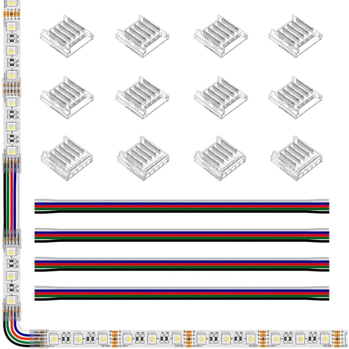 Transparent 5-pin RGBW quick connectors and flat five-wire cables next to an RGBW SMD LED strip