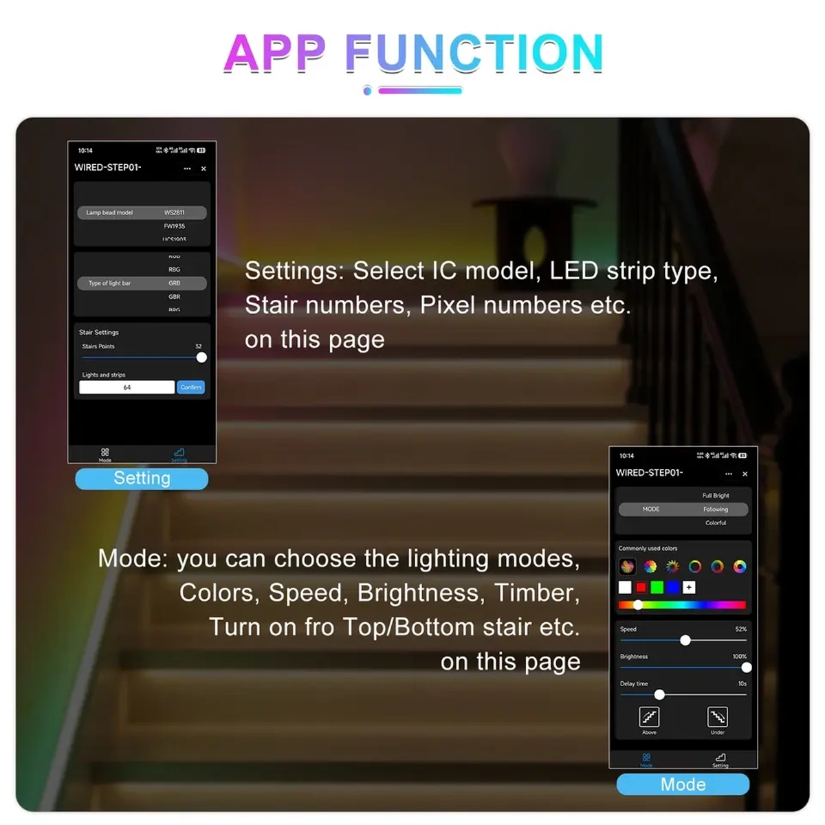 Tuya app screenshots for LED stair controller: chip settings, strip type, steps, and pixels