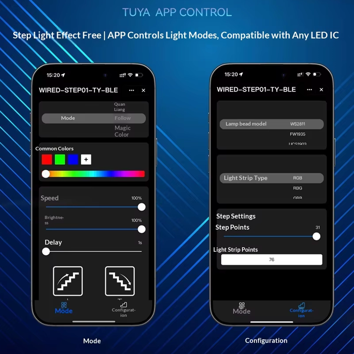 Tuya Smart Stair Control App: Mode page with colors, speed, delay and step configuration page