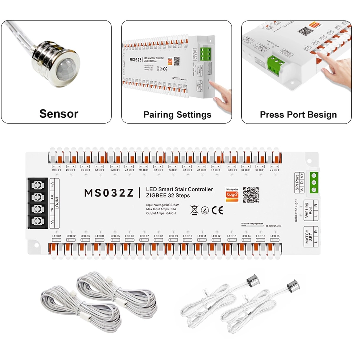 MS032Z LED Stair Control Unit Package Contents: PIR sensor, pairing buttons, push-on terminals, cables