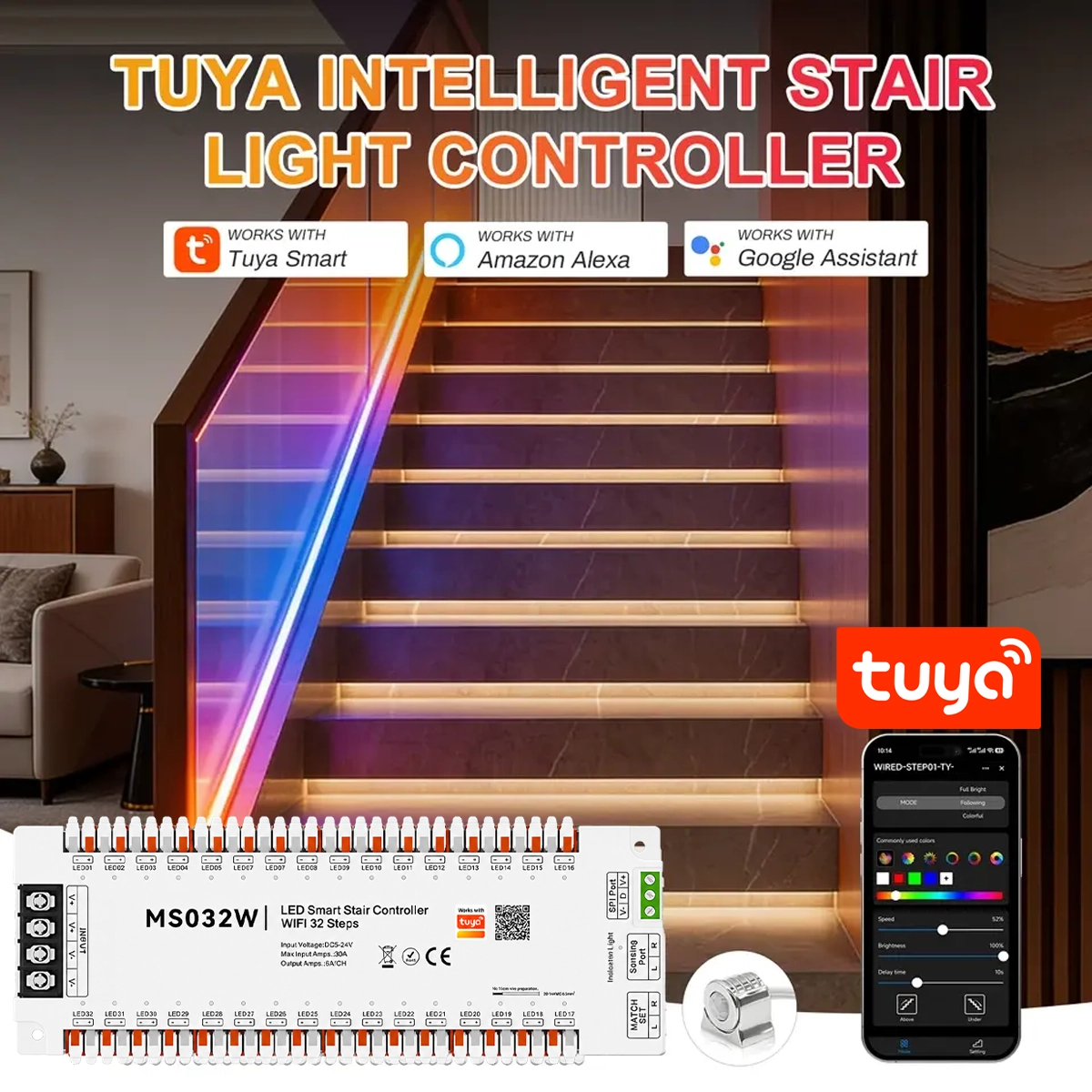 Tuya MS032W LED stairwell control unit with step-by-step lighting, Tuya Smart app, Alexa and Google Assistant