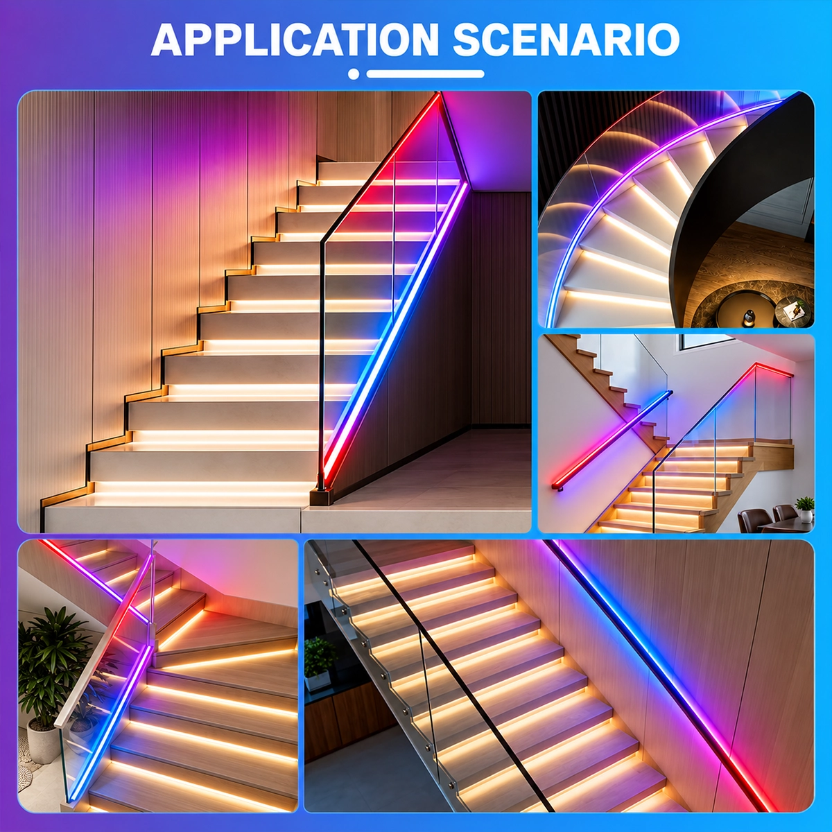 Examples of stairs illuminated with digital LED strips and Tuya control unit: warm white steps and colored handrail