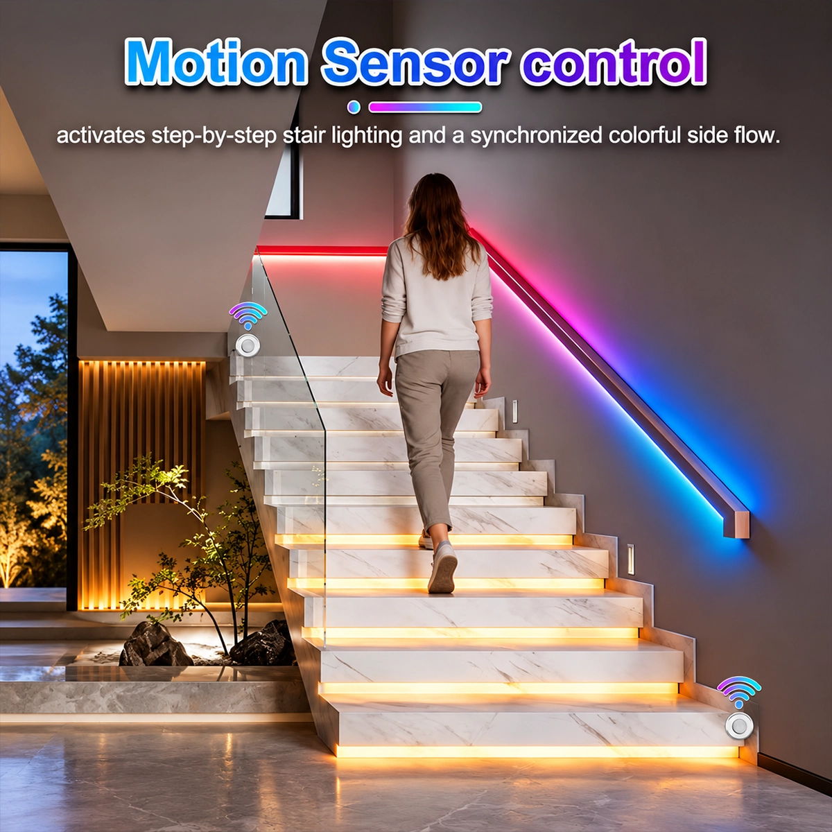 Person climbing a staircase with LED steps lit in sequence and synchronized colored stripe on the handrail