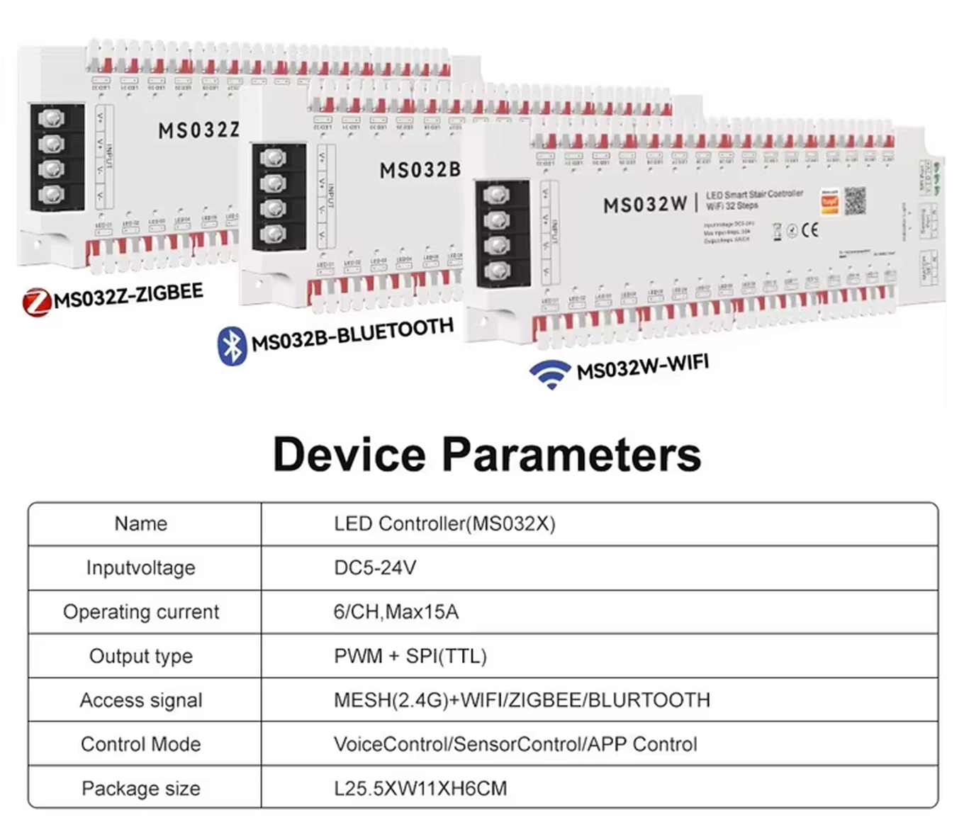 The three versions MS032Z Zigbee, MS032B Bluetooth and MS032W Wi-Fi with the manufacturer's parameter table