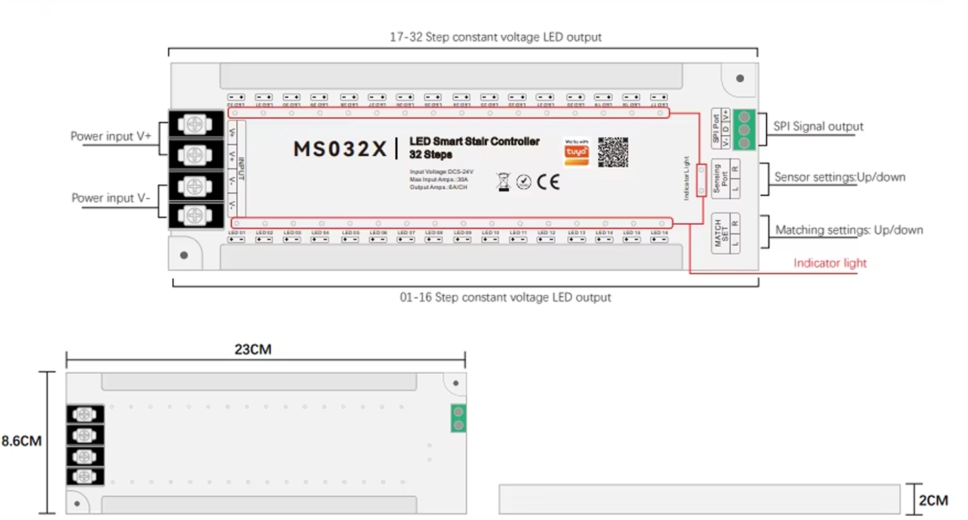 Technical drawing of the MS032X LED stairwell control unit: outputs 1-16 and 17-32, SPI port, sensor buttons and pairing, 23 cm
