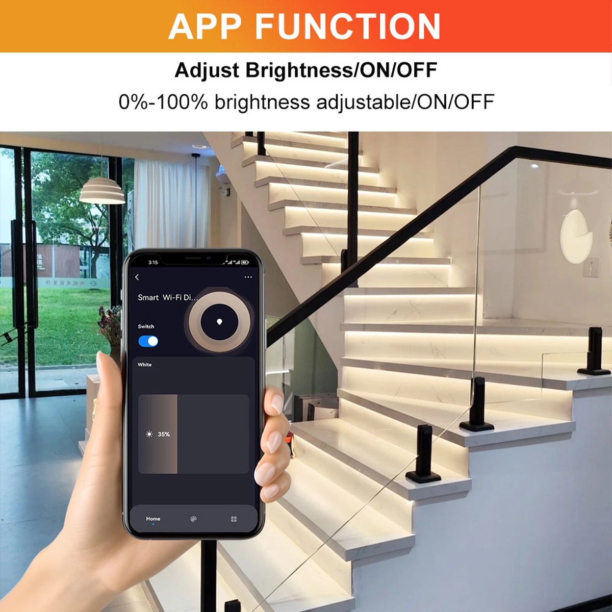 Schermata dell'app Tuya Smart con la luminosità della scala a LED regolabile dall'1 al 100 per cento