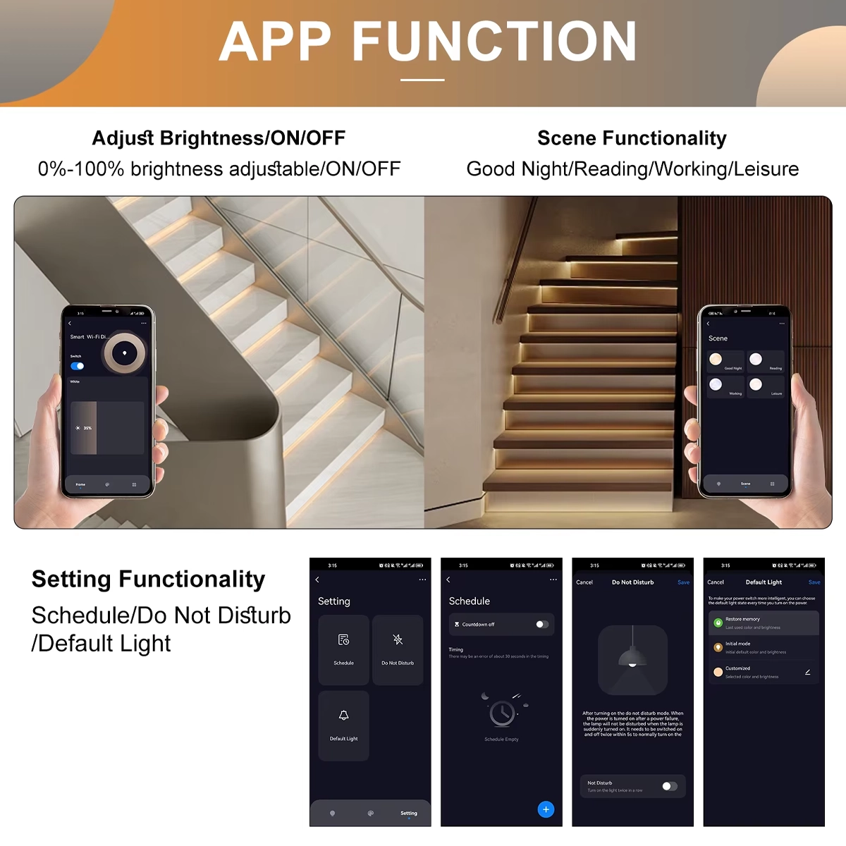 Schermate dell'app Tuya: scene Good Night, Reading, Working, Leisure, programmazione e Non disturbare