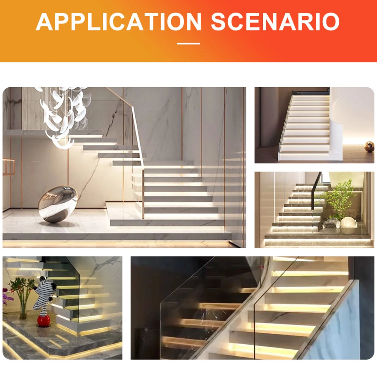 Scale moderne con strisce LED sui gradini accese dal controller scale LED Zigbee in ambienti diversi