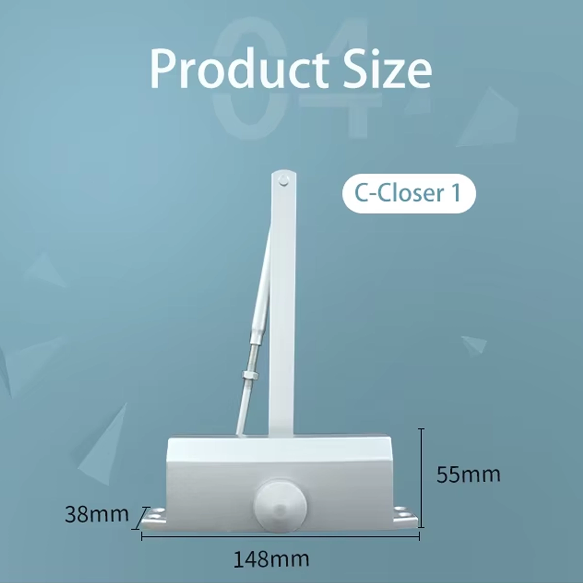 Misure del chiudiporta C-Closer 1 per porte fino a 45 kg: corpo di 148 x 38 x 55 mm
