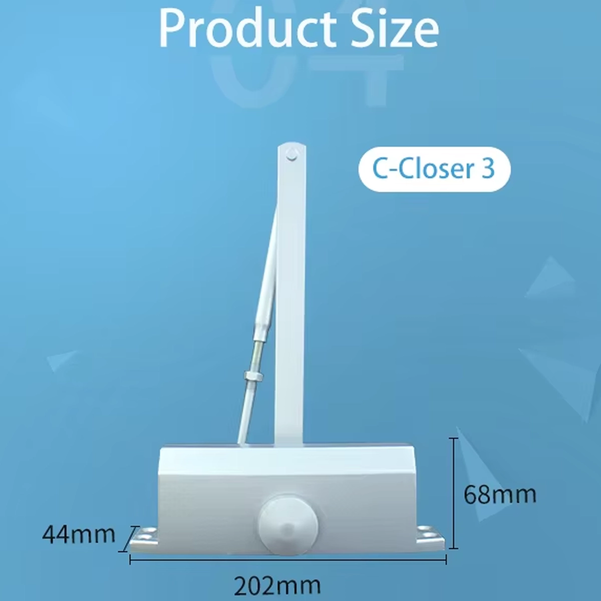 Misure del chiudiporta C-Closer 3 per porte fino a 80 kg: corpo di 202 x 44 x 68 mm