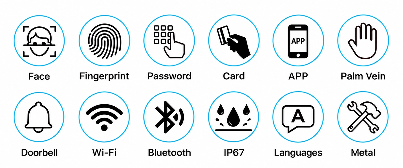 V5 Series Access Control Features: Face, Fingerprint, Password, Card, App, Palm, Doorbell and IP67