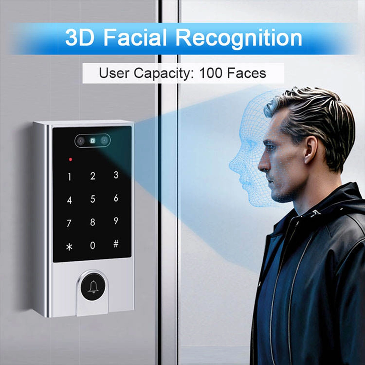 3D facial recognition on the doorbell version: the reader stores up to 100 faces