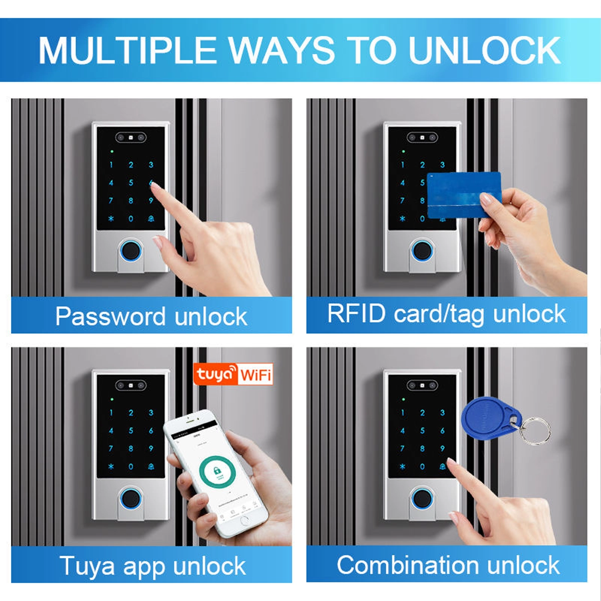 V5 Series Access Control Unlock Ways: Password, Card or RFID Tag, Tuya App and Combination