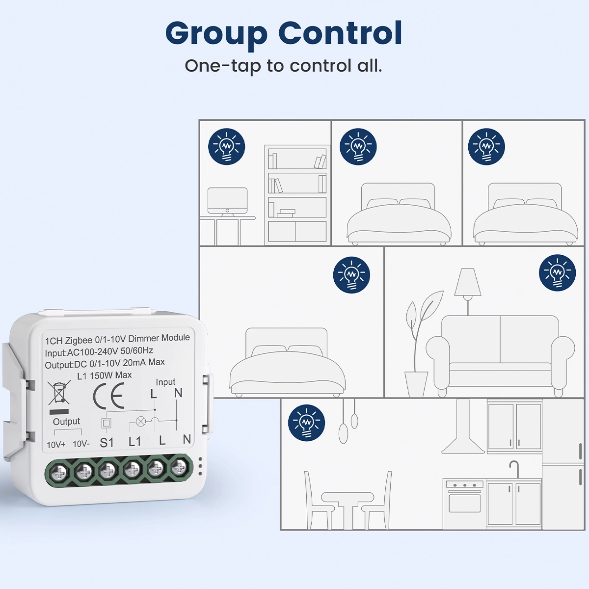 Group of lights in multiple rooms of the house controlled together by a Zigbee 0/1-10V dimmer module for LED drivers