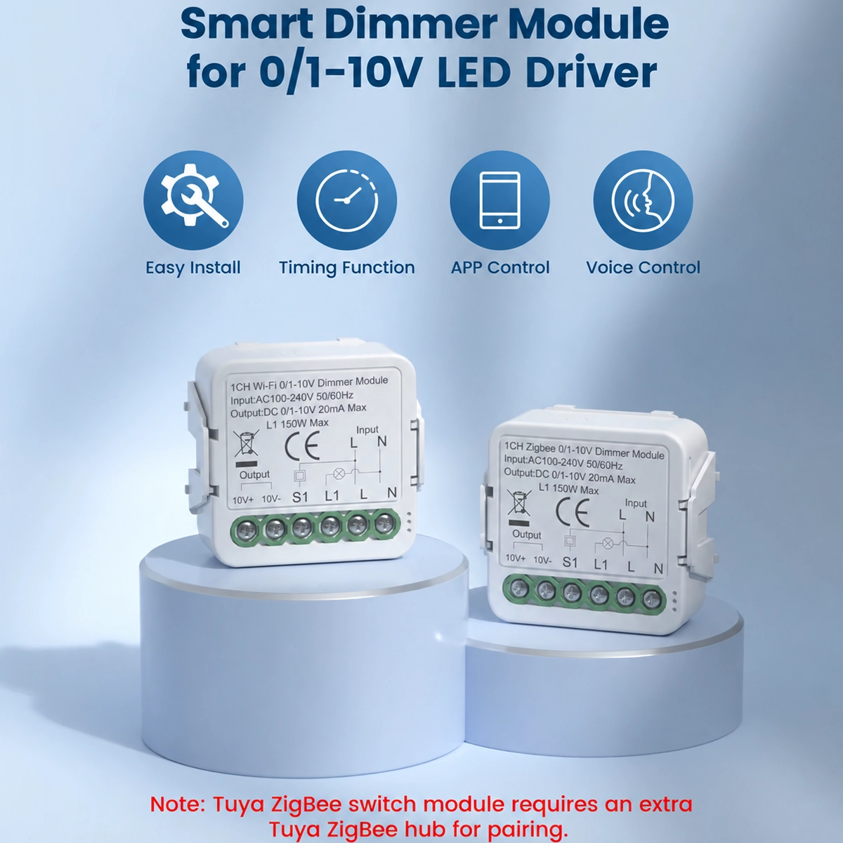 Smart dimmer module for 0/1-10V LED drivers in WiFi and Zigbee versions, with app, timer and voice commands
