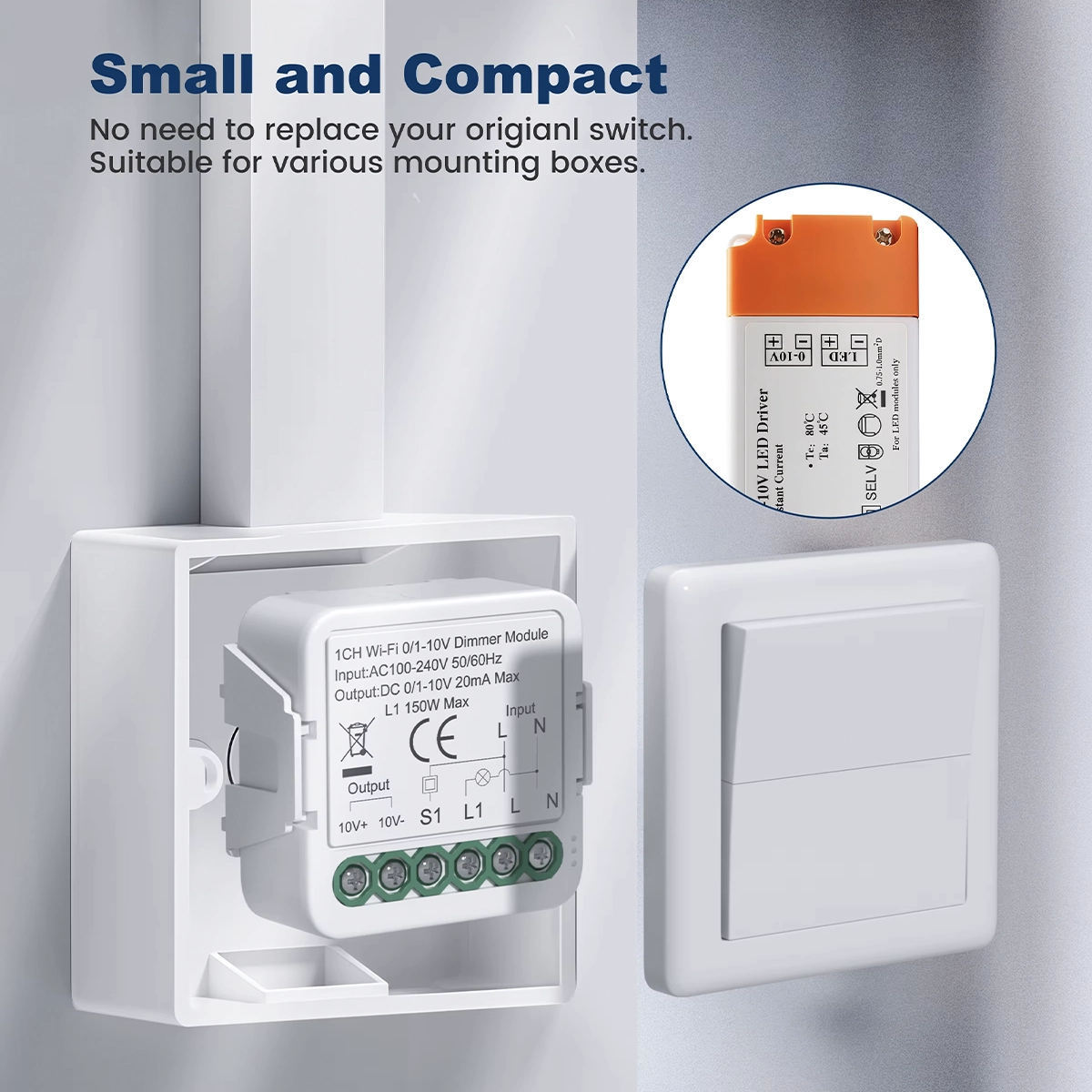 WiFi dimmer module 0/1-10V in the flush-mounted box behind the wall control, with the 0-10V LED driver next to it